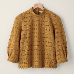 NWOT Garnet Hill Women's Teagan Lace Top Size L Mustard Yellow Brown 3/4 *W